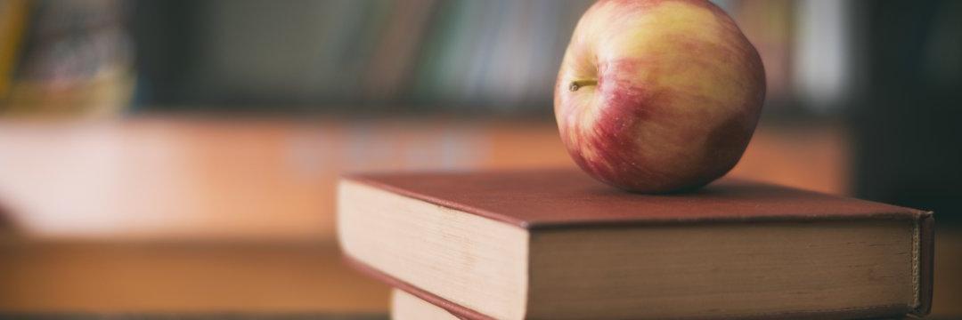 苹果坐在教室桌子上的一堆书上.